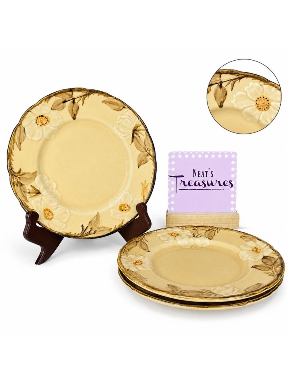 Franciscan CAFE ROYAL Embossed Flower Brown Leave Earthenware Salad Plates Set 3